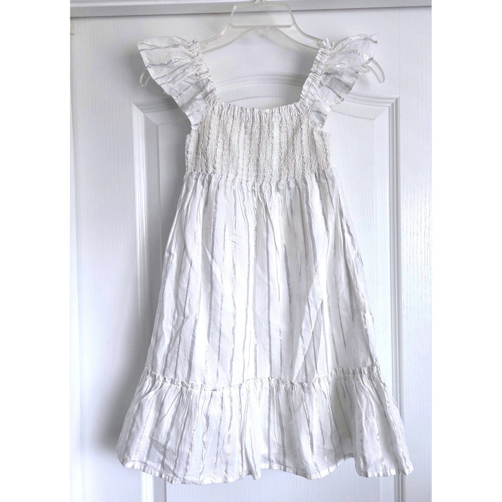 Gap Kids Girls White Silver Metallic Stripe Smock Flutter Sleeve Dress Sz S 6-7
